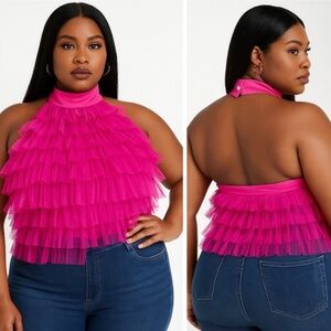 CURVY SENSE Ruffle Mesh Halter Top Blouse Cami Sleeveless Fuchsia Pink Size 3X